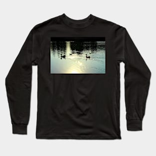 Scene from Santarelli lakes with two geese and three ducks swimming and leaving golden trails in the lucent waters Long Sleeve T-Shirt